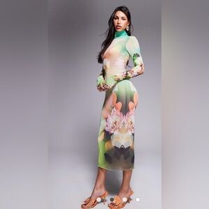 AFRM long sleeve turtleneck midi dress in green floral